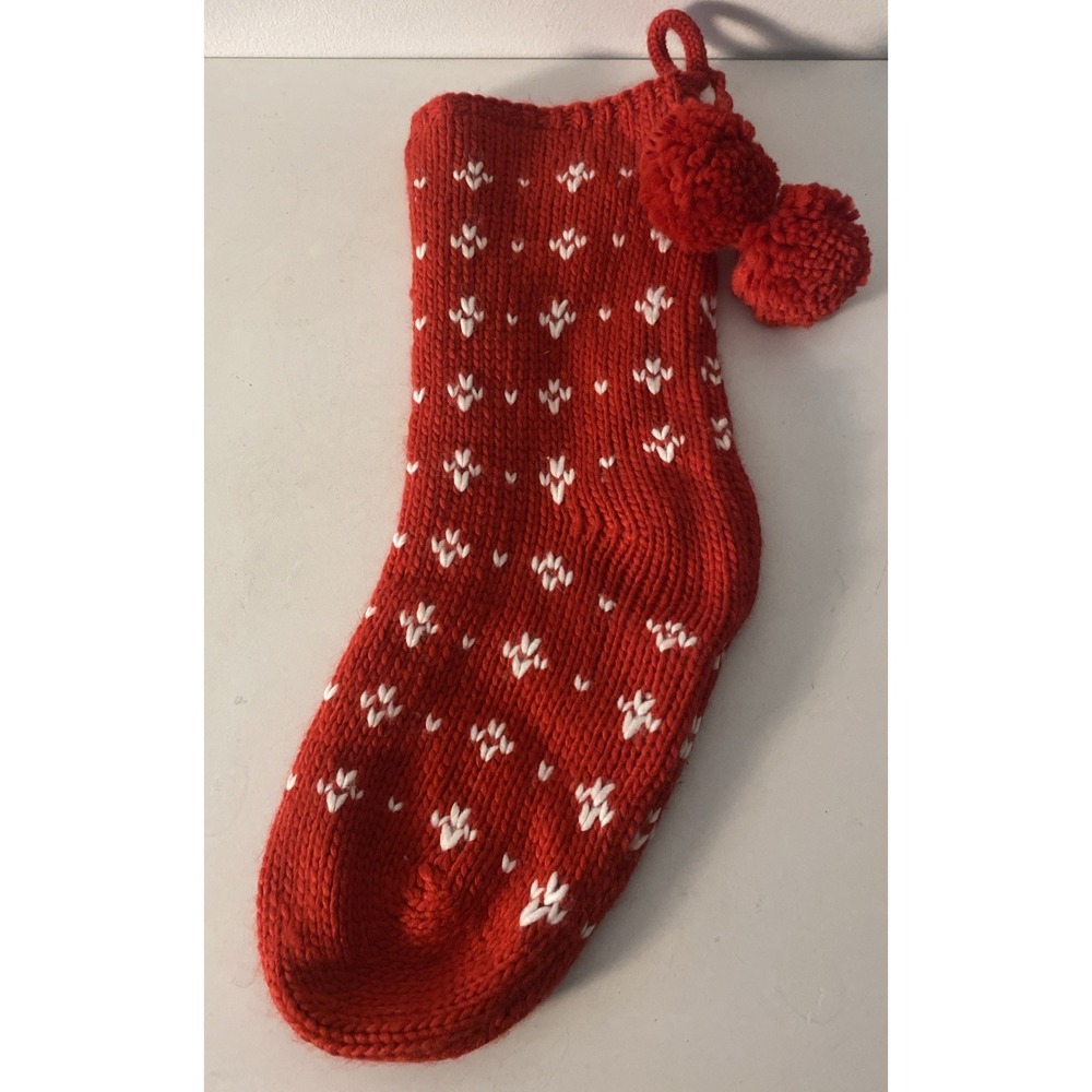 Hearth &Home Magnolia Chunky Stocking Red/white W Pom Poms 20x6"  Cableknit